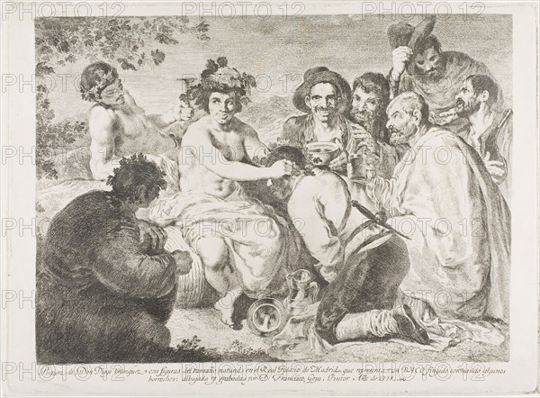 The Drunkards, 1778, Francisco José de Goya y Lucientes (Spanish, 1746-1828), after Diego Velázquez (Spanish, 1599-1660), Spain, Etching with engraved inscription on ivory laid paper, 287 x 395 mm (image), 318 x 437 mm (plate), 325 x 441 mm (sheet)