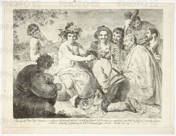 The Drunkards, 1778, Francisco José de Goya y Lucientes (Spanish, 1746-1828), after Diego Velázquez (Spanish, 1599-1660), Spain, Etching with engraved inscription on ivory laid paper, 286 x 395 mm (image), 319 x 436 mm (plate), 347 x 453 mm (sheet)
