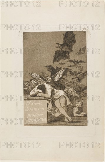 The Sleep of Reason Produces Monsters, plate 43 from Los Caprichos, 1797/99, Francisco José de Goya y Lucientes, Spanish, 1746-1828, Spain, Etching and aquatint on ivory laid paper, 180 x 120 mm (image), 212 x 150 mm (plate), 303 x 198 mm (sheet)