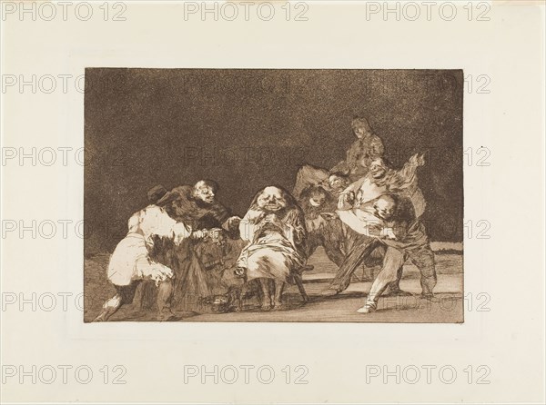 He who does not like thee will defame thee in jest, plate 17 from Los Proverbios, 1815/24, Francisco José de Goya y Lucientes, Spanish, 1746-1828, Spain, Etching and burnished aquatint printed in sepia ink on ivory wove paper, 220 x 327 mm (image), 246 x 359 mm (plate), 343 x 465 mm (sheet)