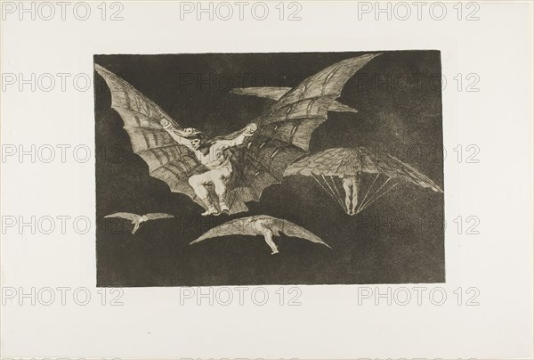 A Way of Flying, from Disparates, published as plate 13 in Los Proverbios (Proverbs), 1815–17, published 1864, Francisco José de Goya y Lucientes (Spanish, 1746-1828), published by the Royal Academy of Fine Arts of San Fernando (Spanish, founded 1744), Spain, Etching and aquatint in brown-black on ivory wove paper, 218 x 325 mm (image), 245 x 354 mm (plate), 331 x 497 mm (sheet)