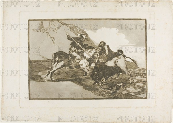 The Way in which the ancient Spaniards Hunted Bulls on Horseback in the Open Country, plate one from The Art of Bullfighting, 1814/16, Francisco José de Goya y Lucientes, Spanish, 1746-1828, Spain, Etching, burnished aquatint and drypoint on ivory laid paper, 210 x 310 mm (image), 250 x 353 mm (plate), 320 x 445 mm (sheet)