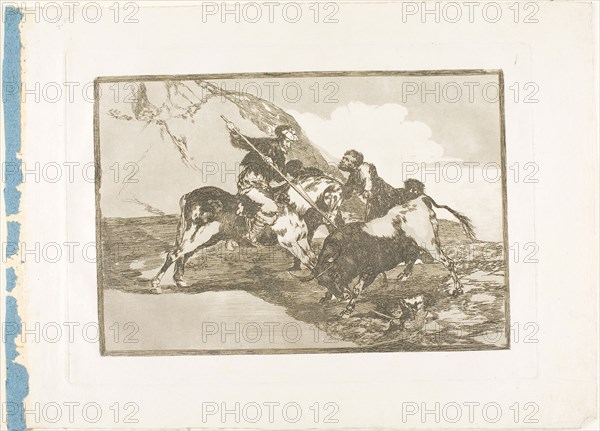 The Way in Which the Ancient Spaniards Hunted Bulls on Horseback in the Open Country, plate one from The Art of Bullfighting, 1814/16, published 1816, Francisco José de Goya y Lucientes, Spanish, 1746-1828, Spain, Etching, burnished aquatint, and drypoint on ivory laid paper, 210 x 310 mm (image), 250 x 352 mm (plate), 322 x 444 mm (sheet)