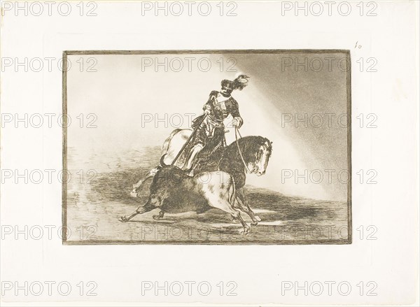 Charles V spearing a bull in the ring at Valladolid, plate ten from The Art of Bullfighting, 1814/16, published 1816, Francisco José de Goya y Lucientes, Spanish, 1746-1828, Spain, Etching, burnished aquatint, drypoint and burin on ivory laid paper, 210 x 310 mm (image), 250 x 352 mm (plate), 325 x 445 mm (sheet)