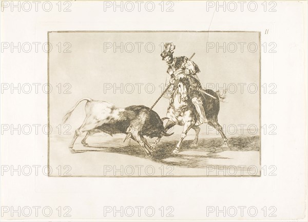 The Cid Campeador spearing another bull, plate eleven from The Art of Bullfighting, 1814/16, published 1816, Francisco José de Goya y Lucientes, Spanish, 1746-1828, Spain, Etching, burnished aquatint and burin on ivory laid paper, 216 x 315 mm (image), 250 x 352 mm (plate), 323 x 449 mm (sheet)