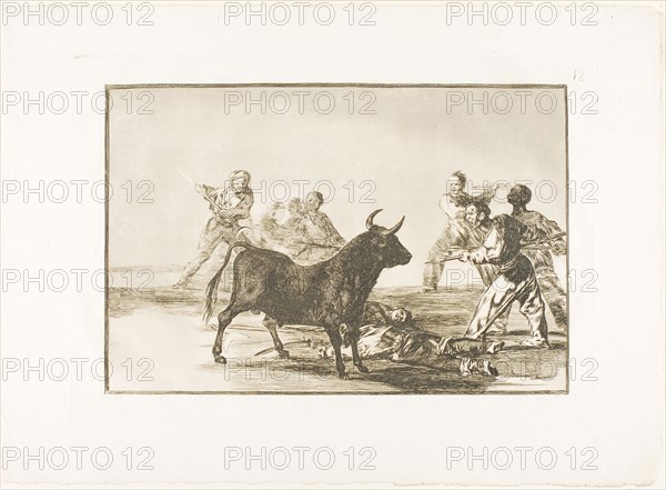The rabble hamstring the bull with lances, sickles, banderillas and other arms, plate twelve from The Art of Bullfighting, 1814/16, published 1816, Francisco José de Goya y Lucientes, Spanish, 1746-1828, Spain, Etching, burnished aquatint and drypoint on ivory laid paper, 210 x 312 mm (image), 250 x 353 mm (plate), 325 x 445 mm (sheet)