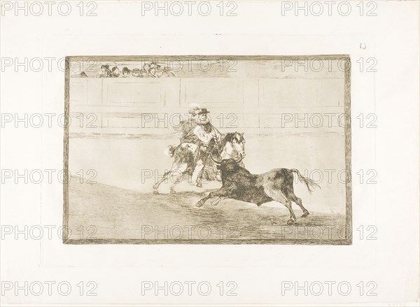 A Spanish mounted knight in the ring breaking short spears without the help of assistants, plate 13 from The Art of Bullfighting, 1814/16, published 1816, Francisco José de Goya y Lucientes, Spanish, 1746-1828, Spain, Etching, burnished aquatint, drypoint and burin on ivory laid paper, 202 x 306 mm (image), 247 x 357 mm (plate), 320 x 445 mm (sheet)