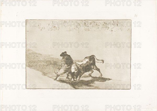 The Very Skilful Student of Falces, Wrapped in his Cape, Tricks the Bull with the Play of his Body, plate 14 from The Art of Bullfighting, 1814/16, published 1816, Francisco José de Goya y Lucientes, Spanish, 1746-1828, Spain, Etching, aquatint, drypoint and burin on ivory laid paper, 201 x 305 mm (image), 248 x 355 mm (plate), 322 x 446 mm (sheet)