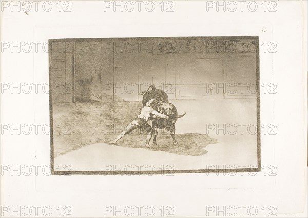 The Famous Martincho Places the Banderillas, Playing the Bull with the Movement of his Body, plate 15 from The Art of Bullfighting, 1814/16, published 1816, Francisco José de Goya y Lucientes, Spanish, 1746-1828, Spain, Etching, burnished aquatint, drypoint and burin on ivory laid paper, 202 x 312 mm (image), 248 x 354 mm (plate), 324 x 446 mm (sheet)
