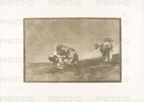 The Same Man Throws a Bull in the Ring at Madrid, plate 16 from The Art of Bullfighting, 1814/16, published 1816, Francisco José de Goya y Lucientes, Spanish, 1746-1828, Spain, Etching, burnished aquatint, drypoint and burin on ivory laid paper, 206 x 310 mm (image), 247 x 353 mm (plate), 321 x 445 mm (sheet)
