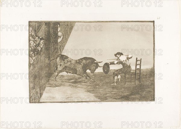 The daring of Martincho in the ring at Saragossa, plate 18 from The Art of Bullfighting, 1814/16, published 1816, Francisco José de Goya y Lucientes, Spanish, 1746-1828, Spain, Etching, burnished aquatint and drypoint on ivory laid paper, 205 x 305 mm (image), 249 x 355 mm (plate), 321 x 445 mm (sheet)