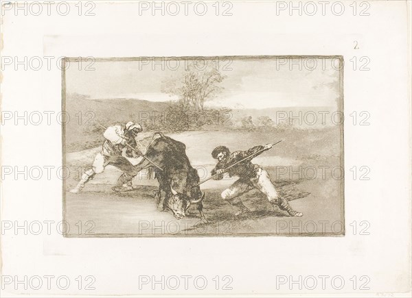 Another way of hunting on foot, plate two from The Art of Bullfighting, 1814/16, published 1816, Francisco José de Goya y Lucientes, Spanish, 1746-1828, Spain, Etching, burnished aquatint, drypoint and burin on ivory laid paper, 199 x 309 mm (image), 243 x 352 mm (plate), 321 x 450 mm (sheet)