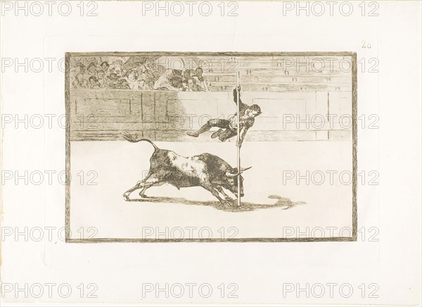The Agility and Audacity of Juanito Apinani in the ring at Madrid, plate 20 from The Art of Bullfighting, 1814/16, published 1816, Francisco José de Goya y Lucientes, Spanish, 1746-1828, Spain, Etching and aquatint on ivory laid paper, 202 x 309 mm (image), 246 x 355 mm (plate), 321 x 445 mm (sheet)