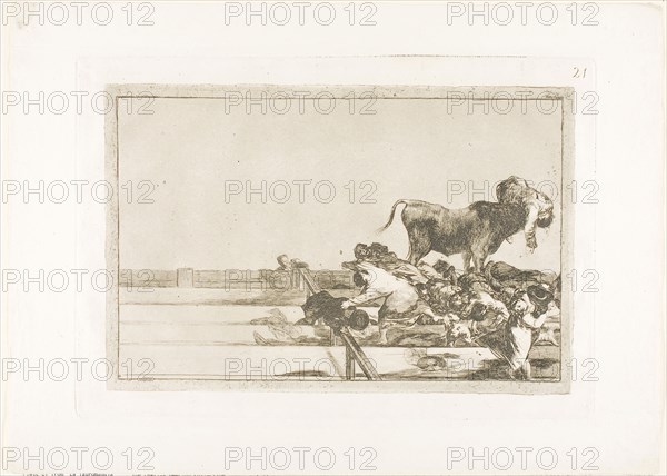Dreadful events in the front rows of the ring at Madrid, and death of the mayor of Torrejón, plate 21 from The Art of Bullfighting, 1814/16, published 1816, Francisco José de Goya y Lucientes, Spanish, 1746-1828, Spain, Etching, burnished aquatint, lavis, drypoint and burin on ivory laid paper, 210 x 320 mm (image), 247 x 355 mm (plate), 322 x 444 mm (sheet)