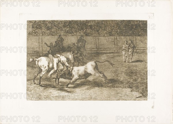 Mariano Ceballos, alias the Indian, kills the bull from his horse, plate 23 from The Art of Bullfighting, 1814/16, published 1816, Francisco José de Goya y Lucientes, Spanish, 1746-1828, Spain, Etching and burnished aquatint on ivory laid paper, 210 x 314 mm (image), 250 x 352 mm (plate), 330 x 445 mm (sheet)