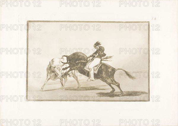 The Same Ceballos, Mounted on Another Bull, Breaks Short Spears in the Ring at Madrid, plate 24 from The Art of Bullfighting, 1814/16, published 1816, Francisco José de Goya y Lucientes, Spanish, 1746-1828, Spain, Etching, burnished aquatint, drypoint and burin on ivory laid paper, 204 x 312 mm (image), 245 x 355 mm (plate), 320 x 445 mm (sheet)