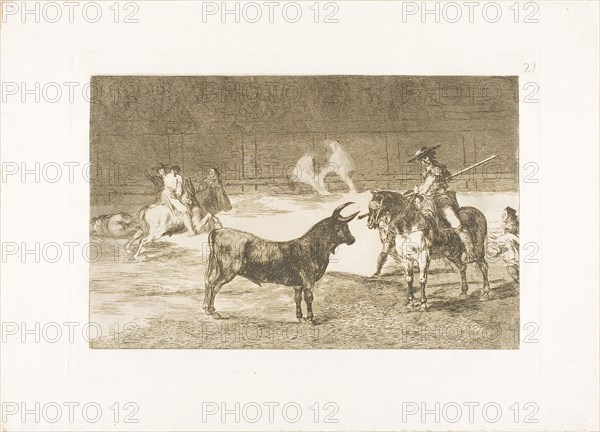 The Celebrated Picador, Fernando del Toro, Draws the Fierce Beast on with His Pique, plate 27 from The Art of Bullfighting, 1814/16, published 1816, Francisco José de Goya y Lucientes, Spanish, 1746-1828, Spain, Etching, burnished aquatint, drypoint and burin on ivory laid paper, 204 x 320 mm (image), 245 x 352 mm (plate), 321 x 447 mm (sheet)
