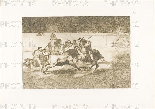 The Forceful Rendón Stabs a Bull with the Pique, from which Pass He Died in the Ring at Madrid, plate 28 from The Art of Bullfighting, 1814/16, published 1816, Francisco José de Goya y Lucientes, Spanish, 1746-1828, Spain, Etching, burnished aquatint and burin on ivory laid paper, 209 x 314 mm (image), 250 x 352 mm (plate), 320 x 445 mm (sheet)