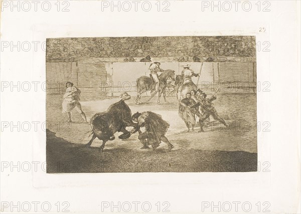 Pepe Illo making the pass of the ‘recorte’, plate 29 from The Art of Bullfighting, 1815, published 1816, Francisco José de Goya y Lucientes, Spanish, 1746-1828, Spain, Etching, burnished aquatint, drypoint and burin on ivory laid paper, 203 x 313 mm (image), 244 x 352 mm (plate), 320 x 443 mm (sheet)