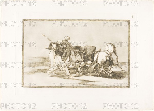 The Moors had settled in Spain, giving up the superstitions of the Koran, adopted this art of hunting, and spear a bull in the open, plate three from The Art of Bullfighting, 1814/16, published 1816, Francisco José de Goya y Lucientes, Spanish, 1746-1828, Spain, Etching, burnished aquatint, drypoint and burin on ivory laid paper, 200 x 314 mm (image), 245 x 352 mm (plate), 323 x 446 mm (sheet)