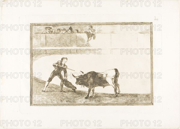 Pedro Romero killing the halted bull, plate 30 from The Art of Bullfighting, 1814/16, published 1816, Francisco José de Goya y Lucientes, Spanish, 1746-1828, Spain, Etching, aquatint, drypoint and burin on ivory laid paper, 209 x 307 mm (image), 248 x 355 mm (plate), 325 x 446 mm (sheet)