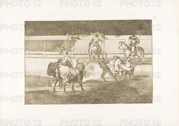 Banderillas with firecrackers, plate 31 from The Art of Bullfighting, 1814/16, published 1816, Francisco José de Goya y Lucientes, Spanish, 1746-1828, Spain, Etching, burnished aquatint, lavis, drypoint and burin on ivory laid paper, 210 x 320 mm (image), 245 x 353 mm (plate), 318 x 445 mm (sheet)