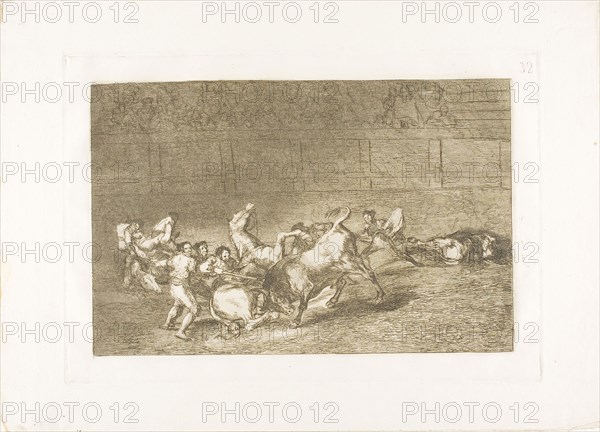 Two teams of picadors thrown one after the other by a single bull, plate 32 from The Art of Bullfighting, 1814/16, published 1816, Francisco José de Goya y Lucientes, Spanish, 1746-1828, Spain, Etching, burnished aquatint, drypoint and burin on ivory laid paper, 201 x 310 mm (image), 244 x 352 mm (plate), 320 x 445 mm (sheet)