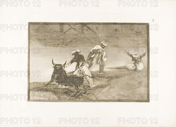 They Play Another with the Cape in an Enclosure, plate four from The Art of Bullfighting, 1814/16, published 1816, Francisco José de Goya y Lucientes, Spanish, 1746-1828, Spain, Etching, burnished aquatint, drypoint and burin on ivory laid paper, 202 x 306 mm (image), 247 x 355 mm (plate), 322 x 446 mm (sheet)