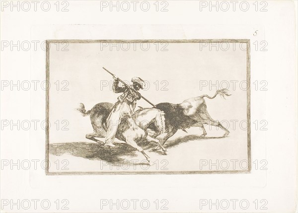The Spirited Moor Gazul is the First to Spear Bulls According to Rules, plate five from The Art of Bullfighting, 1814/16, published 1816, Francisco José de Goya y Lucientes, Spanish, 1746-1828, Spain, Etching, burnished aquatint and drypoint on ivory laid paper, 205 x 310 mm (image), 249 x 355 mm (plate), 323 x 446 mm (sheet)