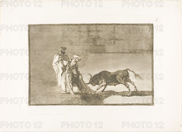 The Moors make a different play in the ring calling the bull with their burnous, plate six from The Art of Bullfighting, 1814/16, published 1816, Francisco José de Goya y Lucientes, Spanish, 1746-1828, Spain, Etching, burnished aquatint and drypoint on ivory laid paper, 202 x 309 mm (image), 245 x 352 mm (plate), 322 x 444 mm (sheet)