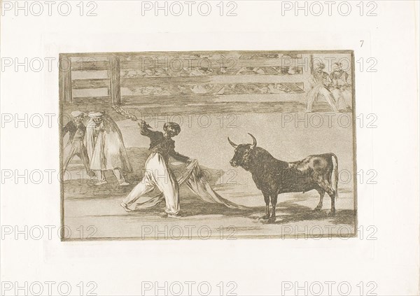 Origin of the harpoons or banderillas, plate seven from The Art of Bullfighting, 1814/16, published 1816, Francisco José de Goya y Lucientes, Spanish, 1746-1828, Spain, Etching, burnished aquatint and burin on ivory laid paper, 201 x 315 mm (image), 245 x 352 mm (plate), 320 x 445 mm (sheet)
