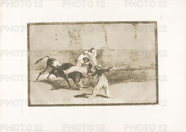 A Moor Caught by the Bull in the Ring, plate 8 from The Art of Bullfighting, 1814/16, published 1816, Francisco José de Goya y Lucientes, Spanish, 1746-1828, Spain, Etching, burnished aquatint and drypoint on ivory laid paper, 204 x 317 mm (image), 244 x 353 mm (plate), 322 x 450 mm (sheet)