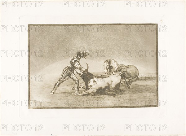 A Spanish knight kills the bull after having lost his horse, plate nine from The Art of Bullfighting, 1814/16, published 1816, Francisco José de Goya y Lucientes, Spanish, 1746-1828, Spain, Etching, burnished aquatint and burin on ivory laid paper, 204 x 313 mm (image), 247 x 353 mm (plate), 330 x 447 mm (sheet)