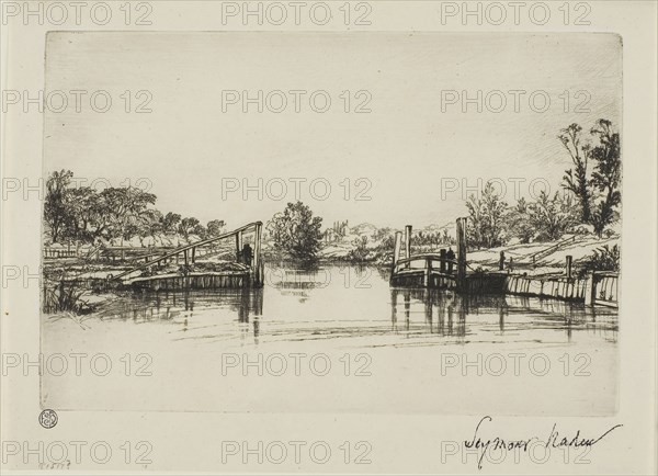 Egham Lock, c. 1859, Francis Seymour Haden, English, 1818-1910, England, Etching, drypoint and mezzotint on ivory laid paper, 148 × 222 mm (image/plate), 184 × 251 mm (sheet)