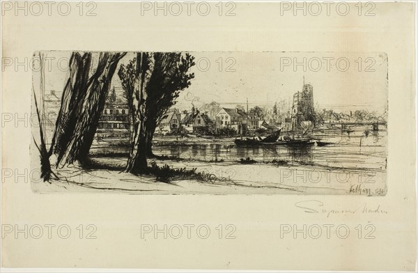 Fulham, c. 1859, Francis Seymour Haden, English, 1818-1910, England, Etching and drypoint on ivory laid paper, 113 × 282 mm (image/plate), 213 × 327 mm (sheet)