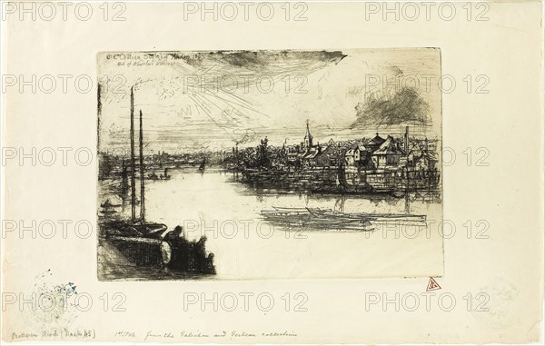 Battersea Reach, 1863, Francis Seymour Haden, English, 1818-1910, England, Etching with drypoint on ivory laid paper, 151 × 226 mm (image/plate), 222 × 352 mm (sheet)