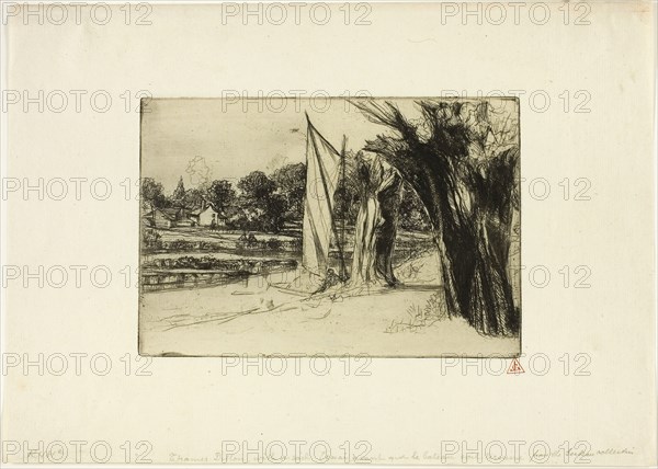 Thames Ditton-with a Sail, 1864, Francis Seymour Haden, English, 1818-1910, England, Etching on ivory laid paper, 141 × 206 mm (image/plate), 248 × 350 mm (sheet)