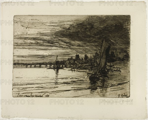 Battersea Bridge, c. 1868, Francis Seymour Haden, English, 1818-1910, England, Etching and drypoint on zinc printed on ivory wove paper, 178 × 252 mm (image/plate), 255 × 311 mm (sheet)