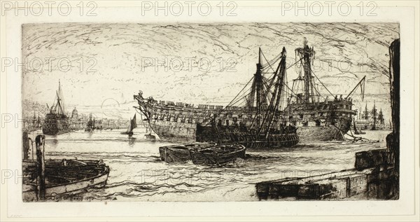 Breaking Up of the Agamemnon, No. 1, 1870, Francis Seymour Haden, English, 1818-1910, England, Etching on ivory laid paper, 195 × 415 mm (image/plate), 229 × 446 mm (sheet)