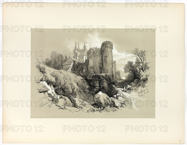 Beilstein on the Moselle, from Picturesque Selections, 1860, James Duffield Harding, (English, 1798-1863), Published by W. Kent and Co., England, Lithograph on paper, 278 × 385 mm (image, primary support), 430 × 560 mm (secondary support)