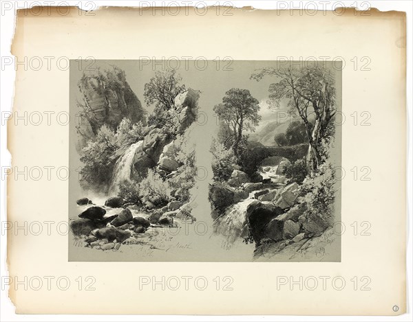 Lady Fall, Vale of Heath, and Fall on the Brent, from Picturesque Selections, 1860, James Duffield Harding, (English, 1798-1863), Published by W. Kent and Co., England, Lithograph on paper, 285 × 383 mm (image, primary support), 430 × 560 mm (secondary support)