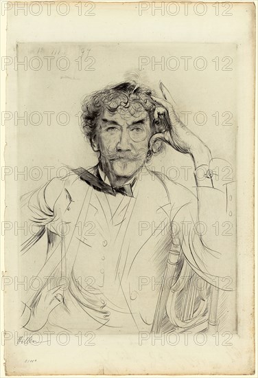 Portrait of James McNeill Whistler, 1897, Paul-César Helleu, French, 1859-1927, France, Drypoint in black on pale blue laid paper, 345 × 260 mm (plate), 500 × 350 mm (sheet)