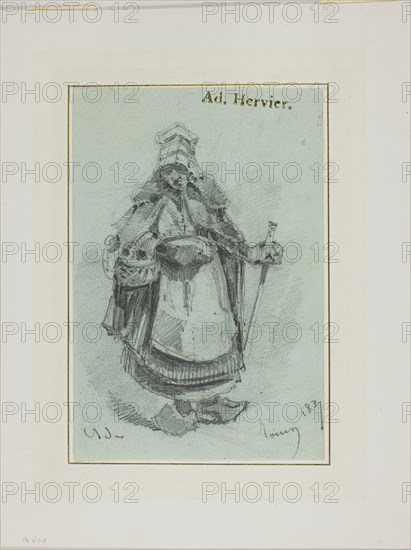 Peasant Woman, 1837, Louis Adolphe Hervier, French, 1818-1879, France, Graphite on pale green wove paper, adhered at right edge on off-white wove card, 157 × 106 mm
