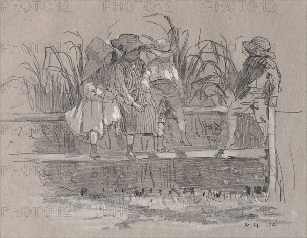 Children Sitting on a Fence, 1874, Winslow Homer, American, 1836-1910, United States, Various graphites, heightened with opaque white watercolor, on medium weight, slightly textured gray wove paper, 193 x 239 mm