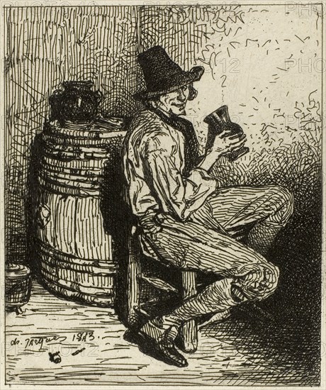 Drinker, 1843, Charles Émile Jacque, French, 1813-1894, France, Etching on ivory China paper laid down on ivory wove paper, 85 × 71 mm (image), 152 × 76 mm (chine), 198 × 129 mm (plate), 433 × 311 mm (sheet)