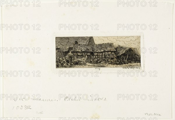Peasant Dwelling at Cricey, 1843, Charles Émile Jacque, French, 1813-1894, France, Etching on cream China paper laid down on ivory wove paper, 39 × 107 mm (image/chine), 49 × 115 mm (plate), 147 × 212 mm (sheet)