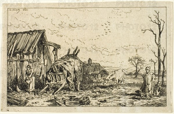 Landscape with Unhitched Cart, 1844, Charles Émile Jacque, French, 1813-1894, France, Etching on buff chine laid down on ivory laid paper, 49 × 79 mm (image), 55 × 85 mm (chine), 144 × 197 mm (sheet)