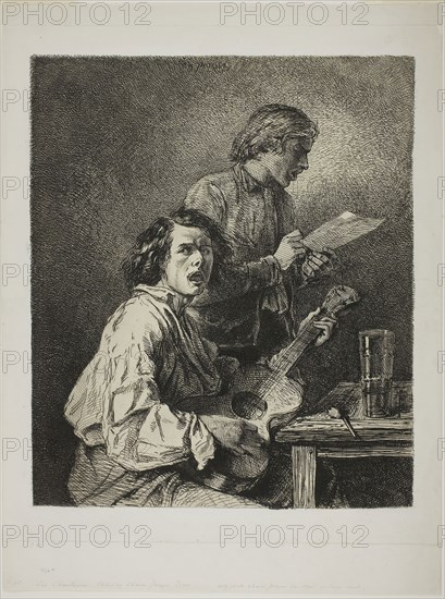 The Singers, 1845, Charles Émile Jacque, French, 1813-1894, France, Etching on ivory chine, trimmed to plate mark and laid down on ivory wove paper, 367 × 310 mm (image/chine), 476 × 357 mm (sheet)