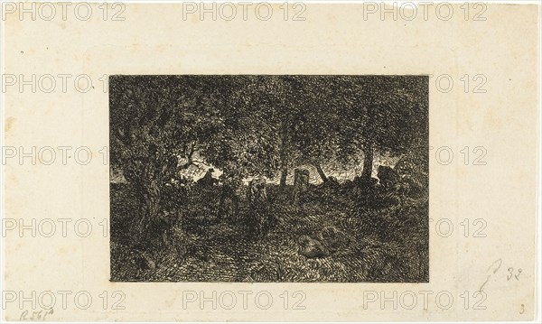 In the Forest, 1844, Charles Émile Jacque (French, 1813-1894), after Théodore Rousseau (French, 1812-1867), France, Etching on cream wove paper, 67 × 103 mm (image), 85 × 121 mm (plate), 103 × 172 mm (sheet)
