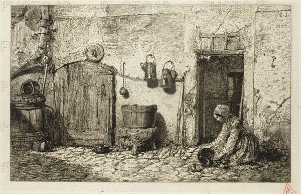Scullery Maid, 1844, Charles Émile Jacque, French, 1813-1894, France, Etching on light gray China paper laid down on ivory wove paper, 101 × 161 mm (image), 108 × 170 mm (chine), 144 × 209 mm (plate), 259 × 370 mm (sheet)